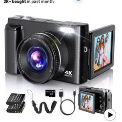 4K Digital Camera 48MP Vlogging Camera for YouTube with SD Card, 2 Batteries, 3" 180°Flip Screen