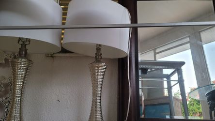 Wood Framed Mirror And Glass And White Lamps