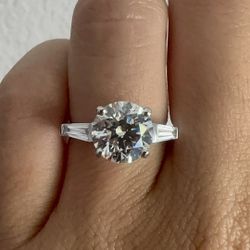 2.85 Carat Round Lab Diamond Engagement Ring With Tapered Baguettes Three Stone 