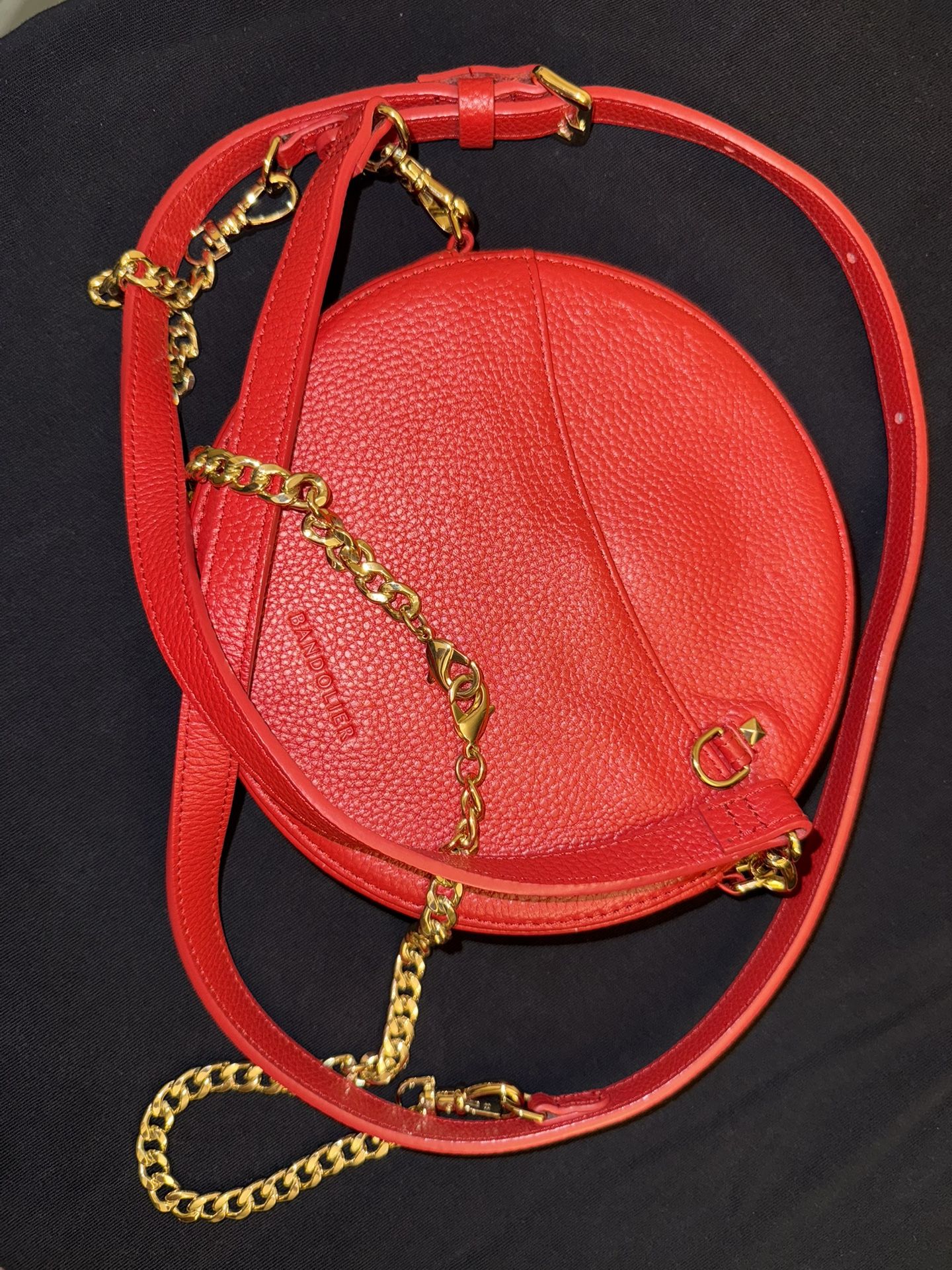 Bandolier Round Leather Red Shoulder Bag w/Leather Strap & Gold Chain Strap