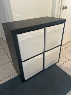 Black 4-Cube Storage Unit w/ White Bins 30 x 30 inches and height 15.5 inches