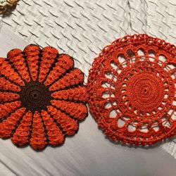 Two Vintage Pot Holders - Hand Crocheted - Hard To Find Colors