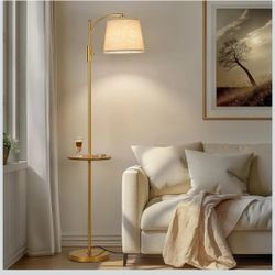 AIDENOEY Fully Dimmable Floor Lamp for Living Room，Standing Lamp Rotary Switch with Table&Linen Beige Shade，Golden Tall Lamps for Bedroom with Adjust 
