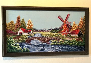 Vintage Framed Crewel Embroidery Landscape – Windmill & Cottage Scene (17” x 20”)