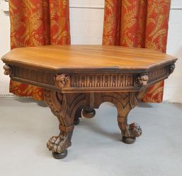 Antique 19th Century Victorian Renaissance Revival Center Table Baroque Wood Octagon Octagonal Carved Medieval Fantasy Fairy Tale  Dining Library  Din