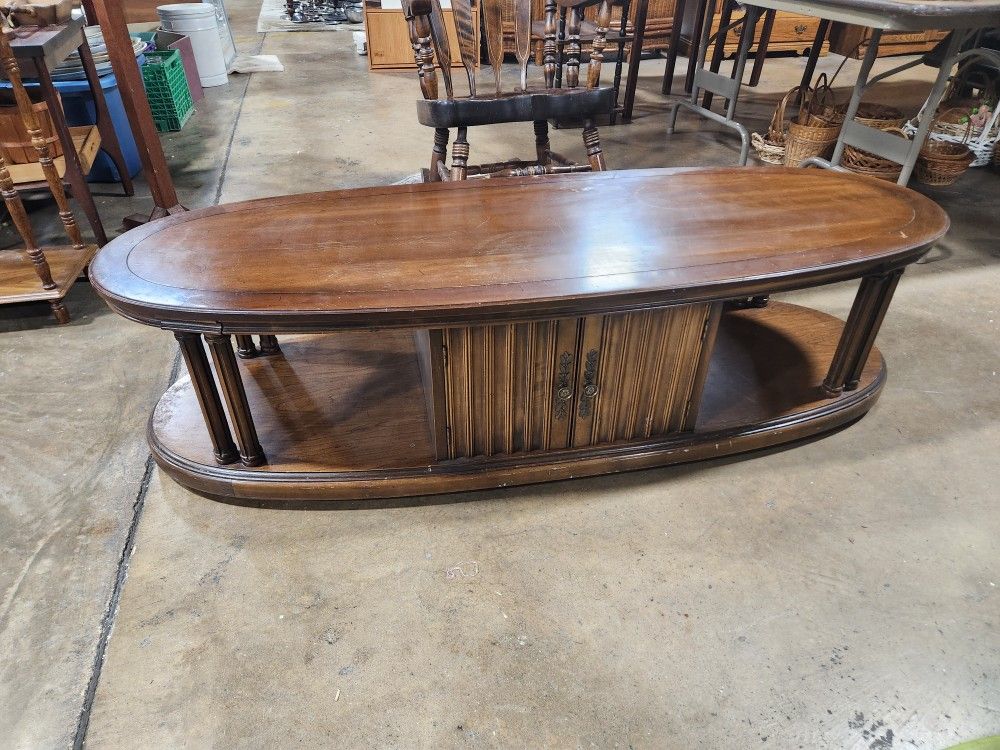 Oval Wooden Coffee Table w/ Storage Cabinet