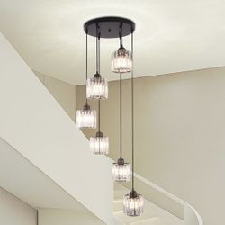 New Long Chandelier for High Ceilings Crystal Pendant 6-Light Raindrop Drop Lamp Hanging Flush Mount