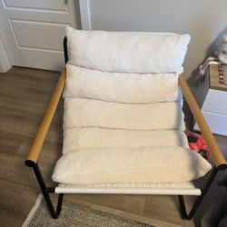 Modern Sherpa Accent Lounge Chair – Wood Arms, Cream/White