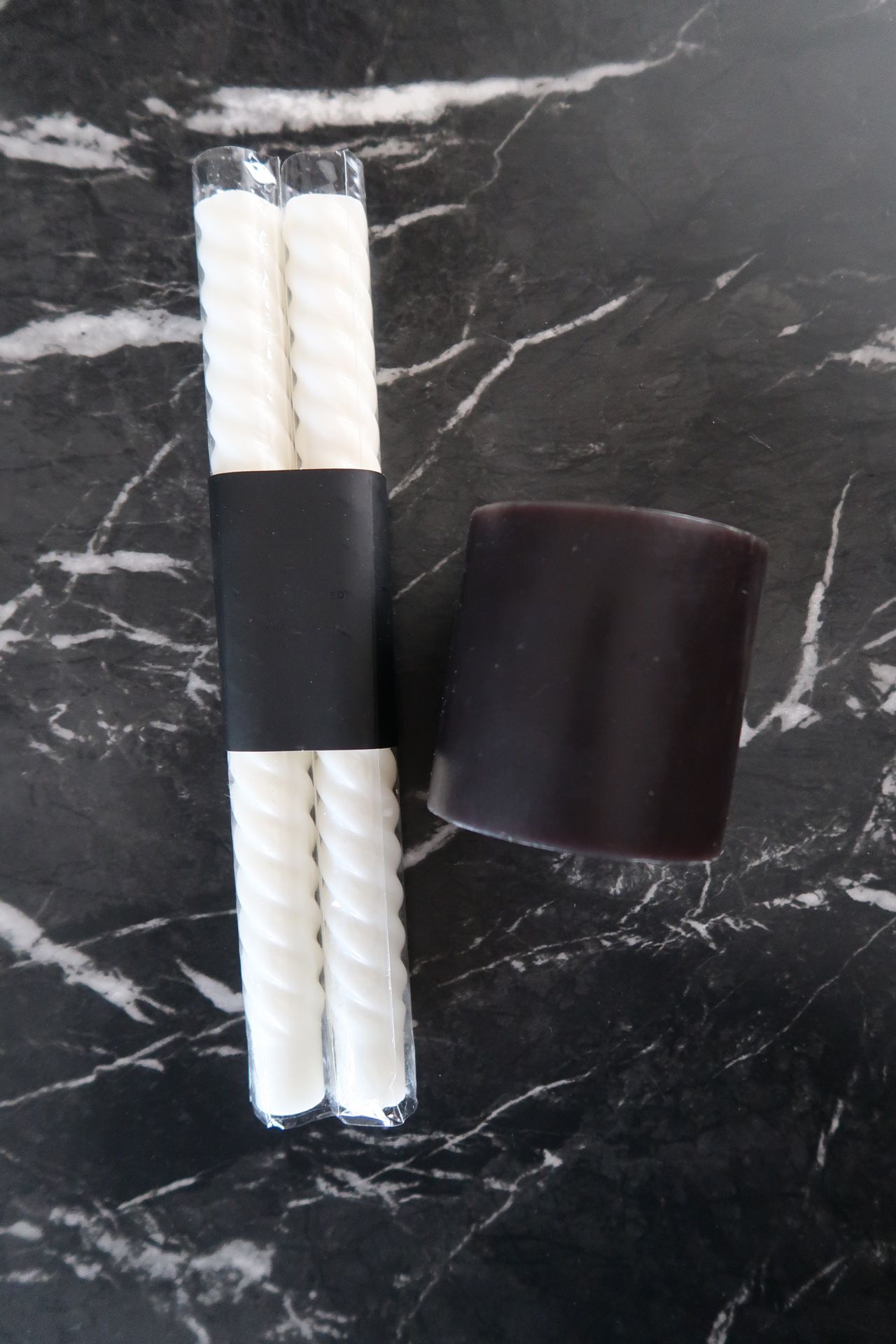 CB2 Candles • Twisted Winter White Taper Set & 3”x3” Black Pillar Candle
