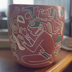 Handcrafted Mayan Folk Art Ceramic Vase Multicolor 8” Hand-Painted