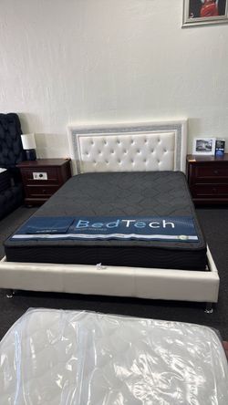 Queen white platform bed frame