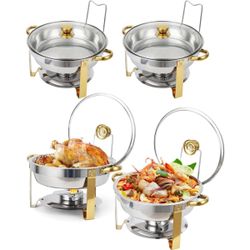 New! Chafing Dishes for Buffet, 5QT Buffet Servers and Warmers Set of 4, Stainless Steel Round Chafer Set with Glass Lid & Lid Holder, Gold