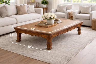 French Provincial XL Coffee Table 94” x 51” Rattan Top Wood Carved Base