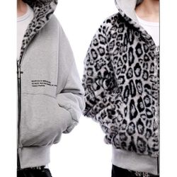 Marcelo Miracles Reversible Leopard Faux Fur Zip Hoodie Grey Paris Streetwear