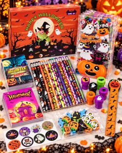 Halloween Party Favor Kit 24 Kids Treat Bag Fillers Pencils Stamps Erasers NEW