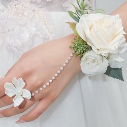 Faux Pearl & Flower Decor Wrist Corsage For Wedding For Bride