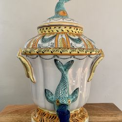 Wall Mount Mexican Pottery Drink Dispenser Glazed Paint Folk Art, Fish