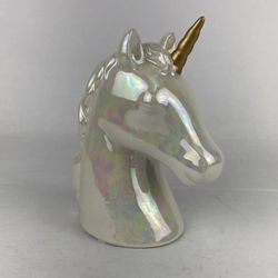 FAB•NY Unicorn Bust Head Piggy Bank
Glazed Lustreware Iridescent White Gold Horn  7.5”