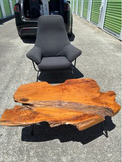 Live Edge Wood Coffee Table and Modern High-Back Lounge Chair Set