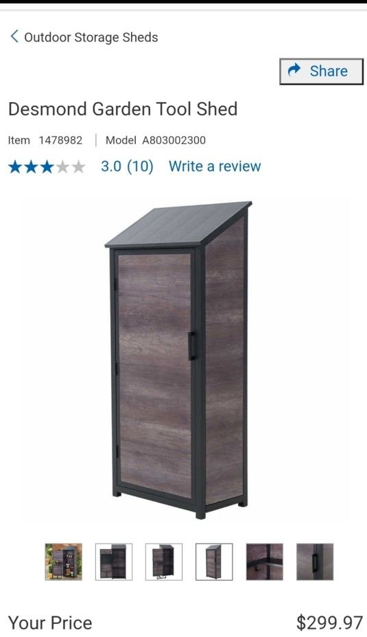 Desmond tool shed 30 in. x 18 in. x 72 in. $150 each
