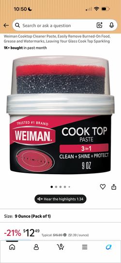 Weiman Cooktop Cleaner Paste, Easily Remove Burned-On Food, Grease and Watermarks, Glass
