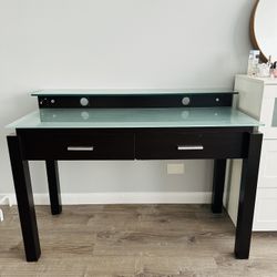 Glass-Wood TV Stand/ Media Desk w 2 Drawers Espresso Brown