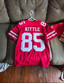49ers NFL Red Jersey Kittle 75th Anniversary Patch On The Left Side Of  The Jersey Number 85 Size Small