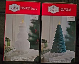 Brand New Holiday Time LED Flame Candle Set – Snowman & Christmas Tree Decor (Set of 2)