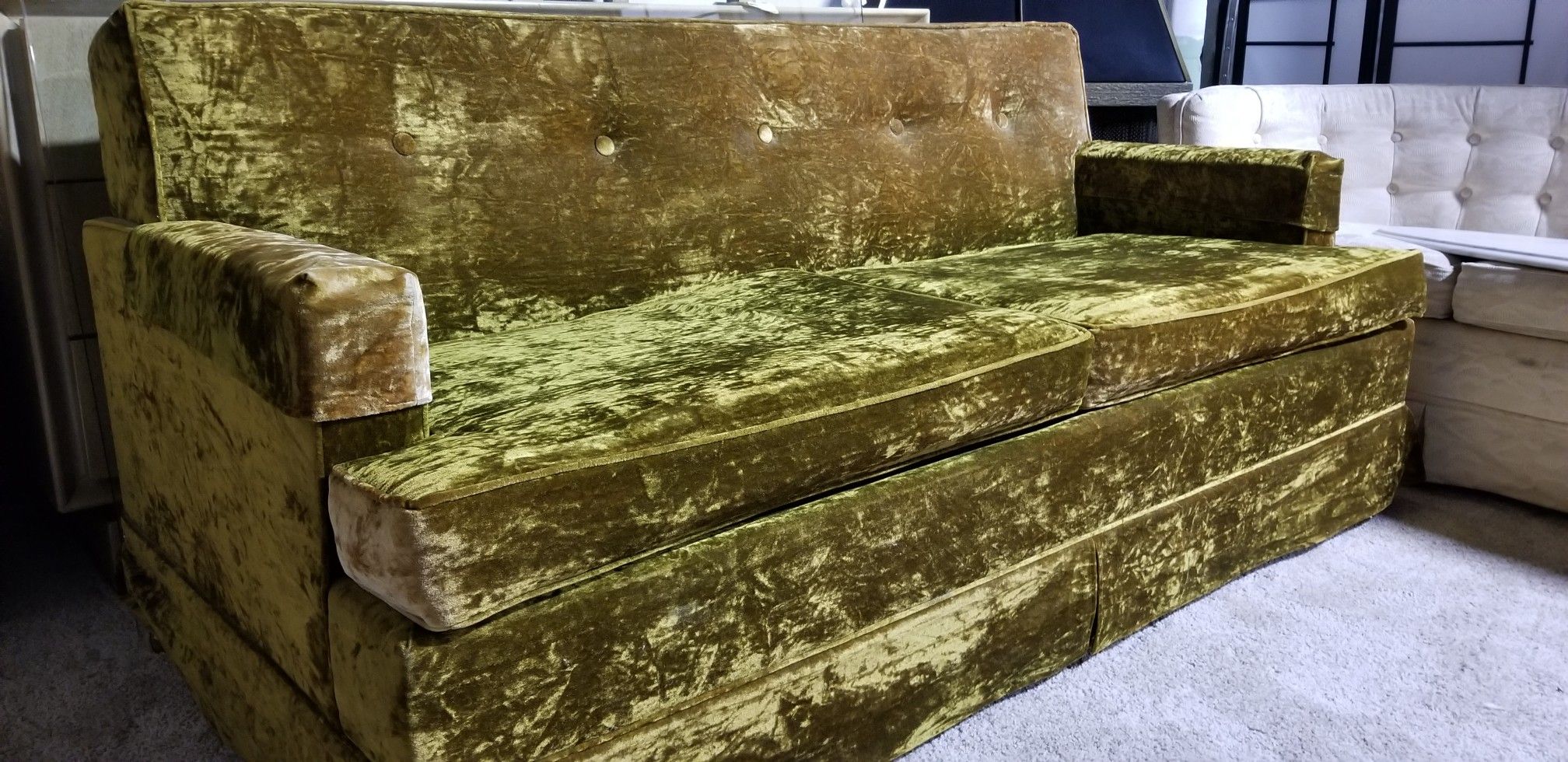 crushed velvet sofa with sleeper bed NEVER USED mid century