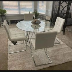 Circle Chrome/ Tabletop Glass Dining Table And White Chairs🥂5 Piece Kitchen/ Dining Room Set🌟Financing Options ☑️ Showroom Available 🏠Color Options
