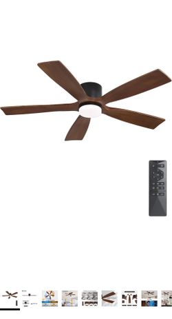 New 54” Flush Mount DC Ceiling Fan with Dimmable LED Light – 5 Solid Wood Blades, 6-Speed Reversible Motor, Black & Walnut