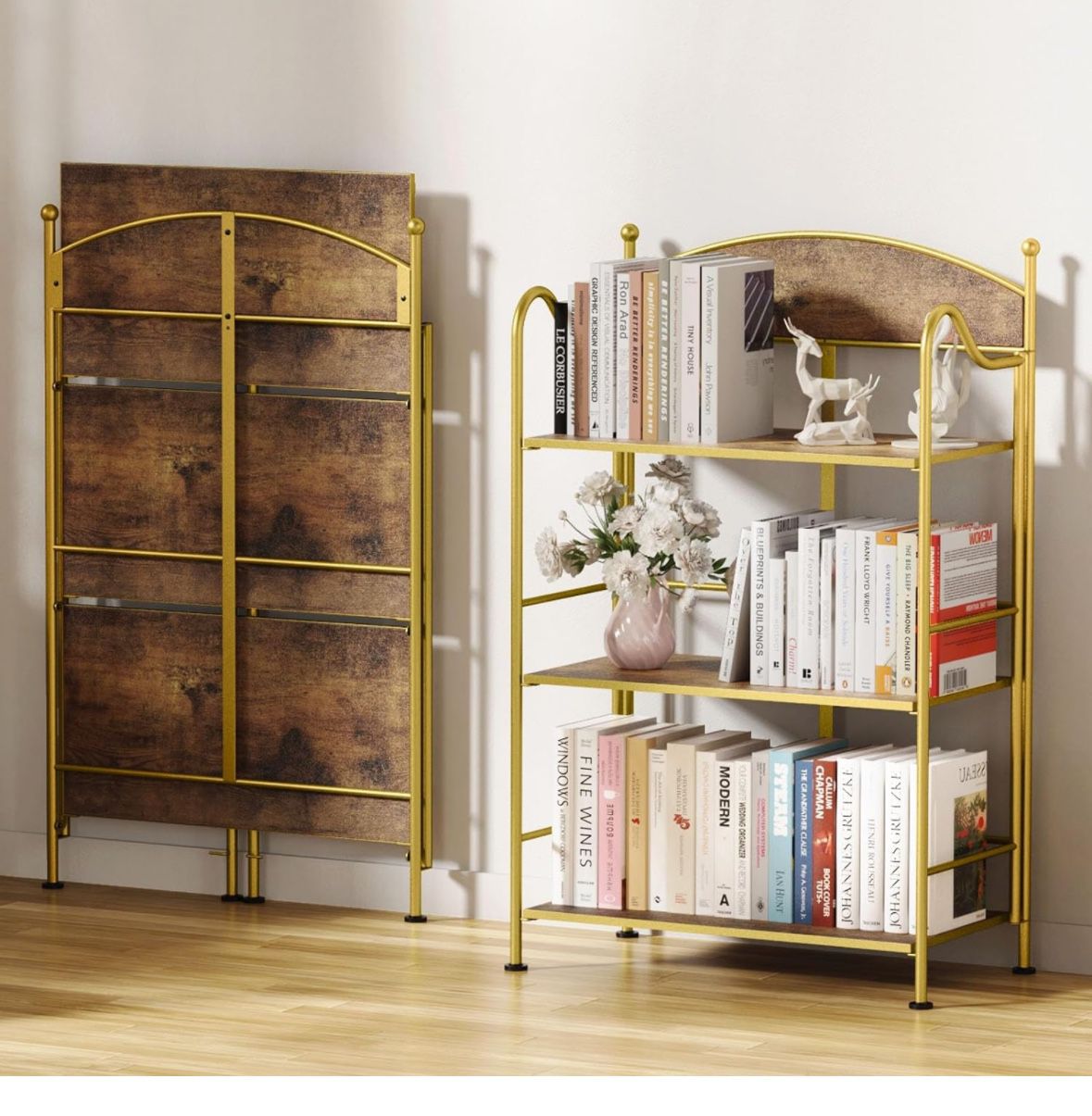 ALLSTAND Folding Bookshelf No Assembly, 3 Shelf Gold Folding Bookcase,Industrial Small Metal Corner Display Book Shelf with Storage Shelves for Bedroo