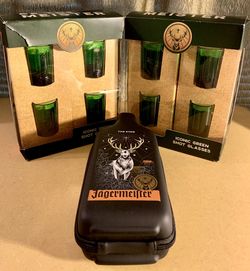 JÄGERMEISTER ICONIC GREEN SHOT GLASSES (SET OF 8) + INSULATED STAG BOTTLE CASE - ALL ITEMS NEW