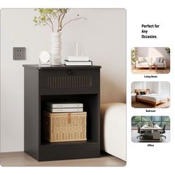 23.6"H Farmhouse Nightstand with Drawer & Open Shelf, Black