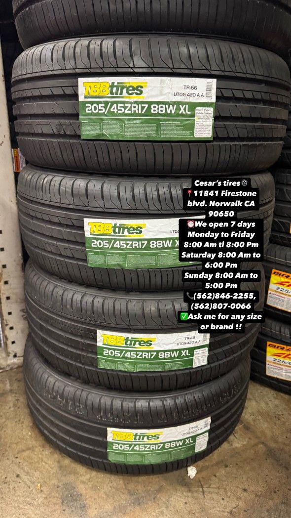 205/45R17 TBB A SET OF FOUR NEW TIRES, INCLUDES MOUNTING AND BALANCING WITH WARRANTY, ASK ME FOR ANY SIZE OR BRAND, WE HAVE THE BEST PRICES!!