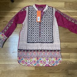 Khaadi Pret Short Tunic Top Blouse Pink Multicolored Middle Eastern Nwt size 10
