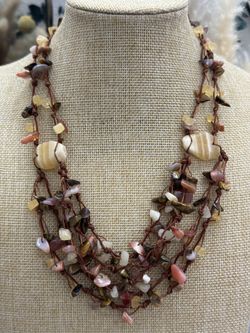 Necklace of Natural Stones Woven With Brown Waxed Thread. 20 Inches