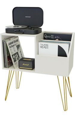 White wooden record player stand