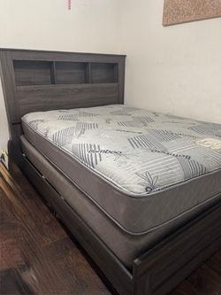 Grey Queen Bedroom Set (Bed frame, dresser with mirror, and bedside table)