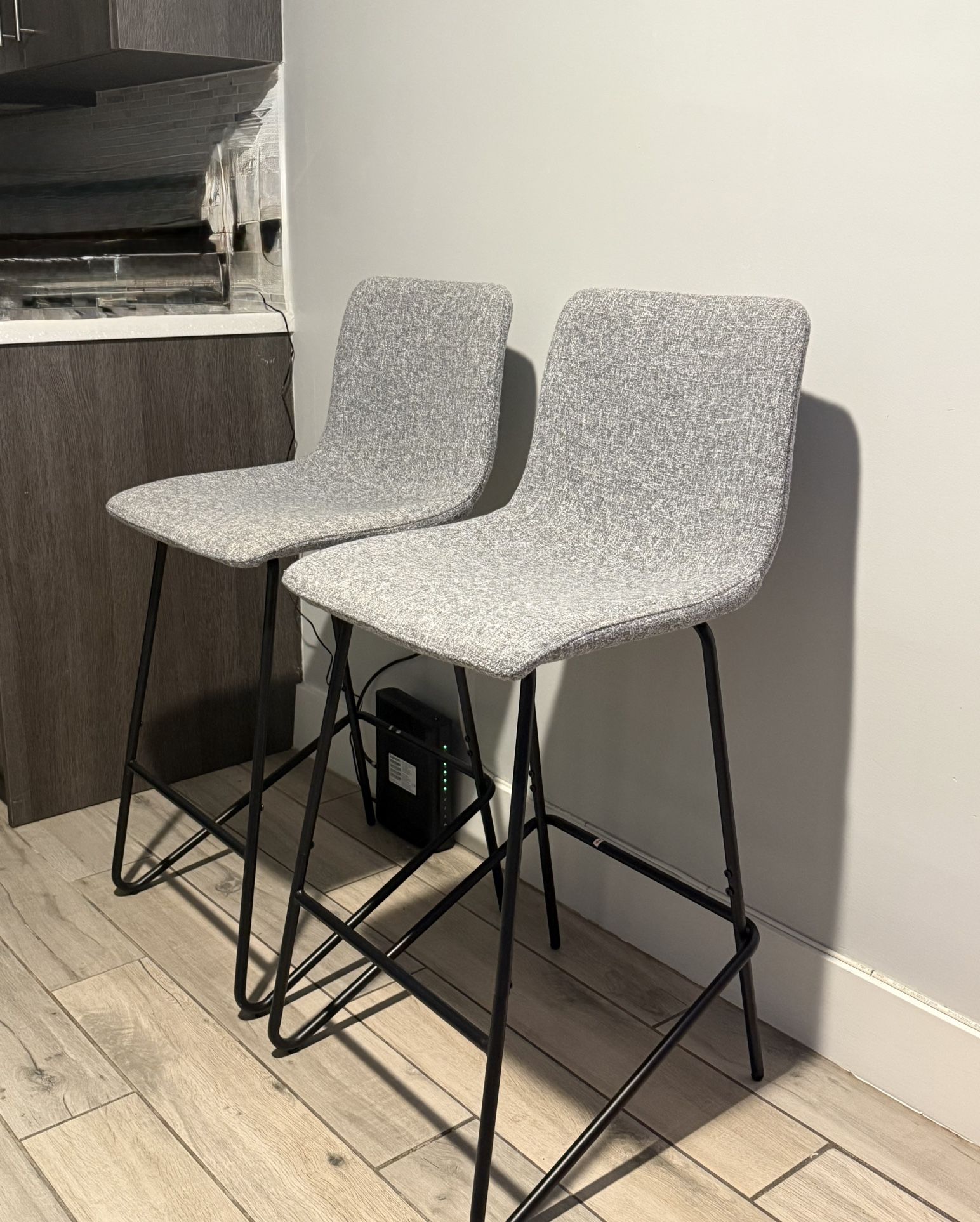 Set of 2 Modern Bar Stools – Grey Fabric & Black Metal Legs