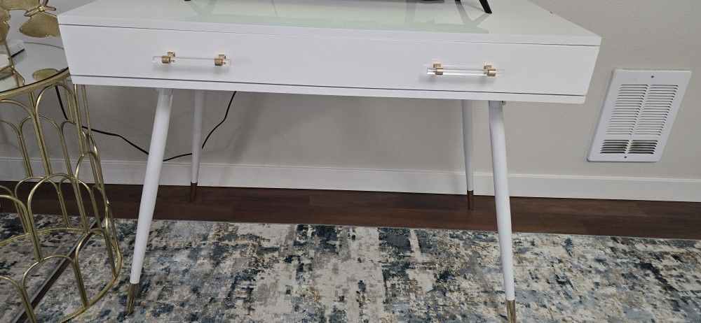 Chic White Desk or Vanity with Gold and Acrylic Hardware