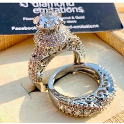 RHODIUM PLATED  Silver double rings with real zircons (Size 7)