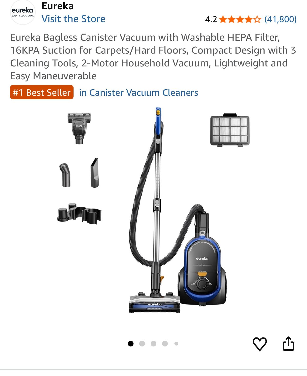 Eureka Bagless Canister Vacuum with Washable HEPA Filter, 16KPA Suction for Carpets/Hard Floors, Compact Design with 3 Cleaning Tools, 2-Motor Househo