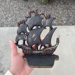 Vintage Cast Iron Ship Bookends, Art Deco / Early 20th century, PAT Marked