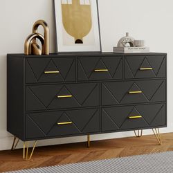 7 Drawers Dresser for Bedroom, Black with Golden Legs & Handles, Wooden Chest of Drawer, Modern