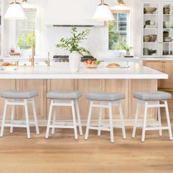 Light Gray Faux Leather Barstools with White Legs and Metal Frame Set of 6