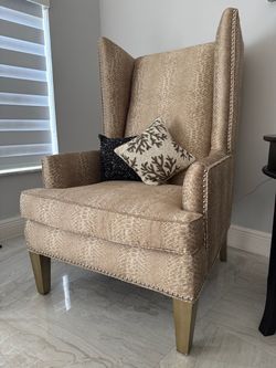 Oversized High-Back Wingback Chair – Snakeskin Upholstery & Nailhead Trim