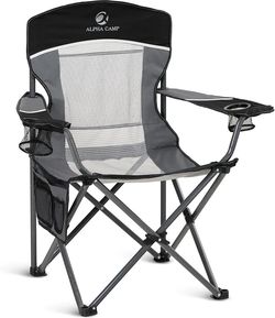 ALPHA CAMP Oversized Mesh Back Camping Folding Chair Heavy Duty Support 350 LBS Collapsible Steel Frame Quad Chair Padded Arm Chair with Cup Hol