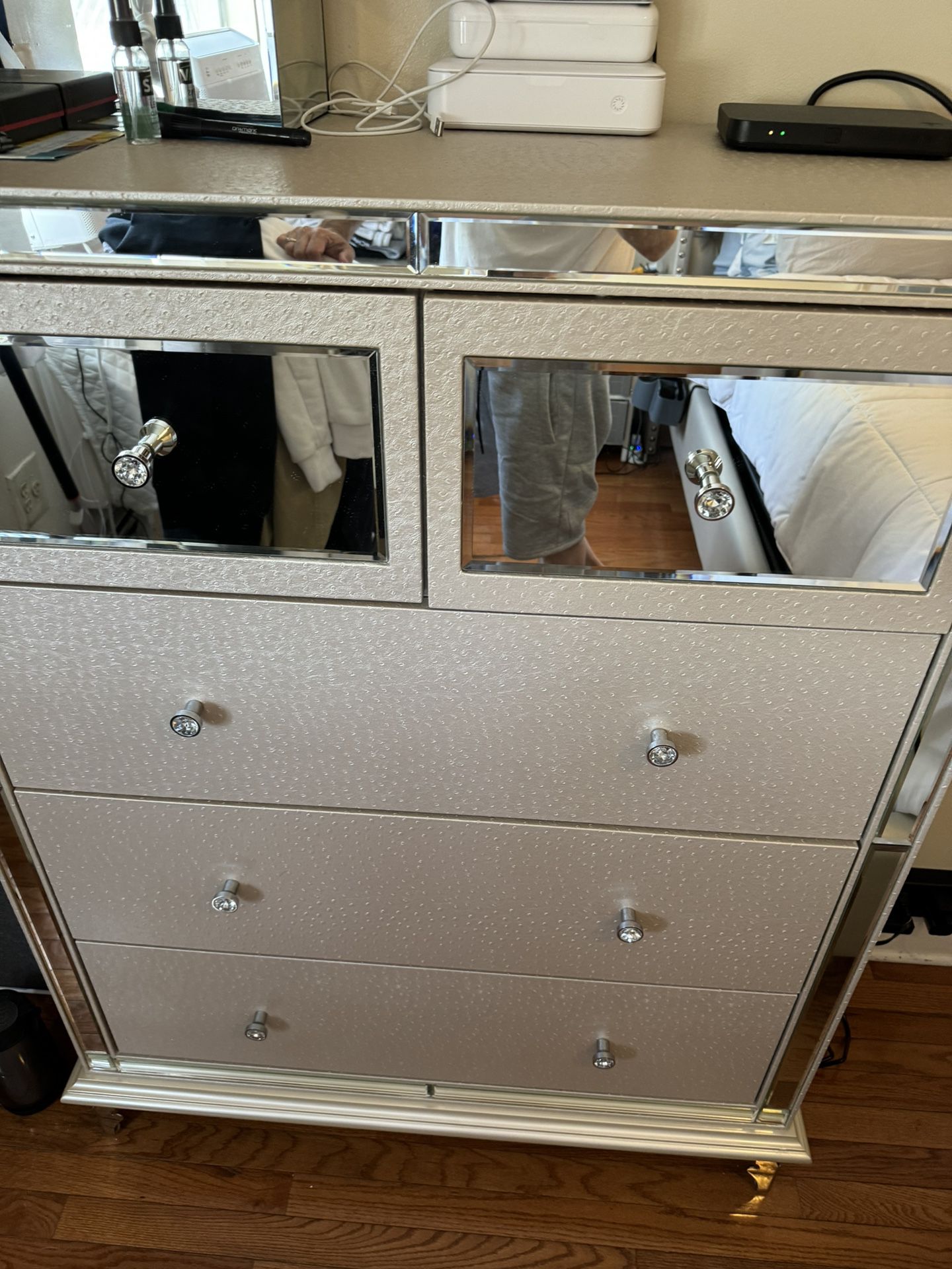 Mirror Night Table and 5 Drawer Chest from Raymour & Flanigan 