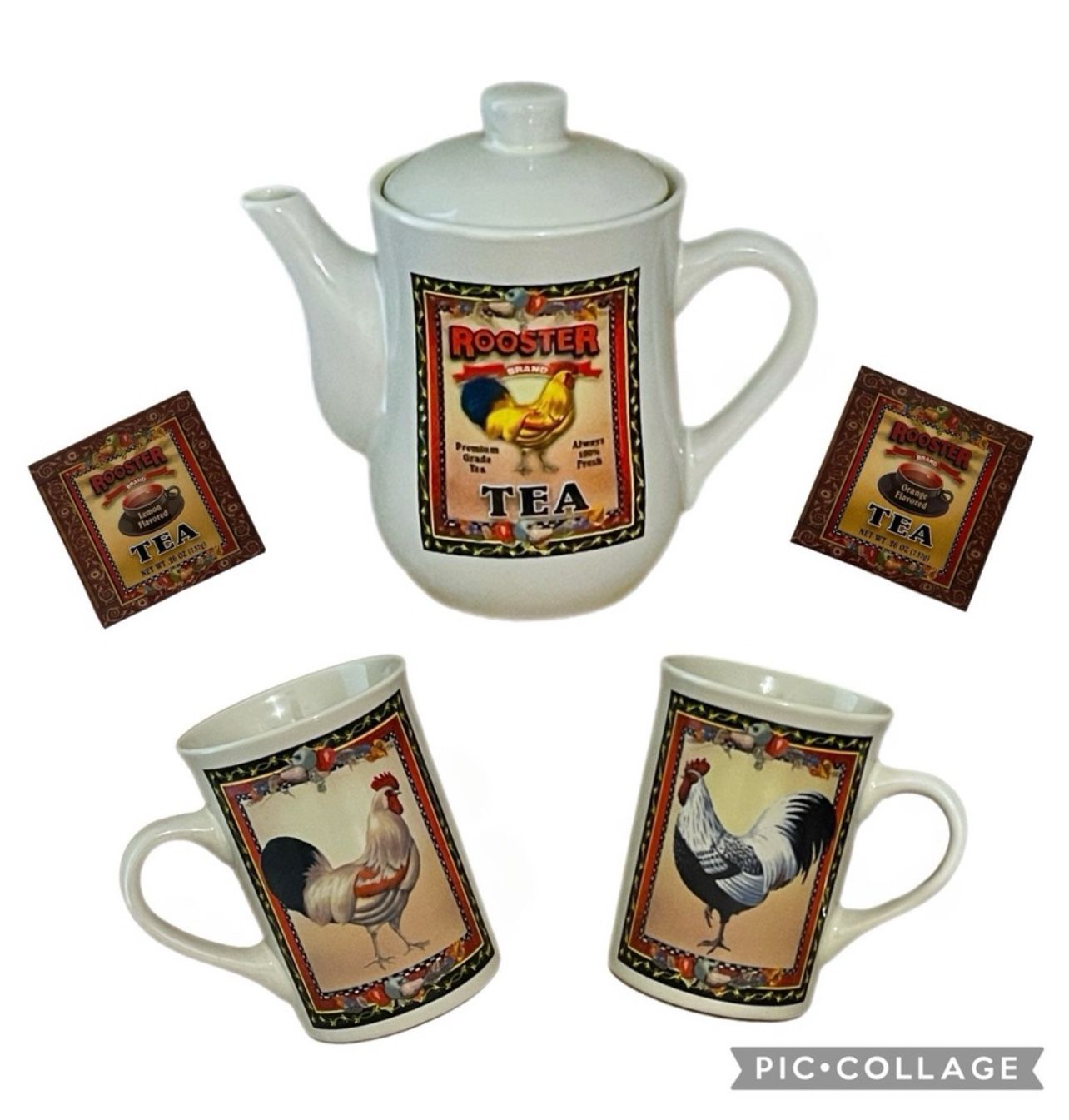 Vintage Bay Island Inc. Rooster Tea Brand Pot & Mugs